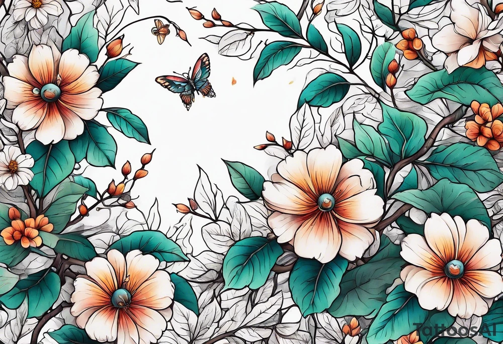 Winding branches and leaves and tiny flowers with a small moth tattoo idea