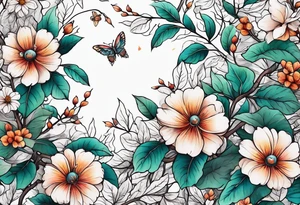 Winding branches and leaves and tiny flowers with a small moth tattoo idea