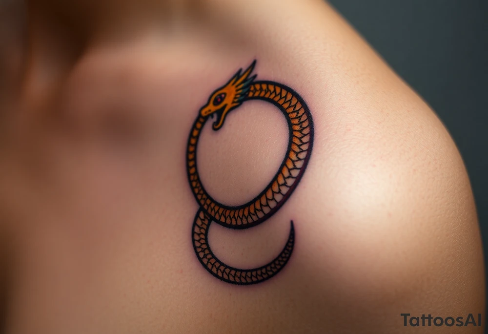 A golden dragon Ouroboros snake forming cyrcle with ruby eyes, its body covered in ancient markings tattoo idea