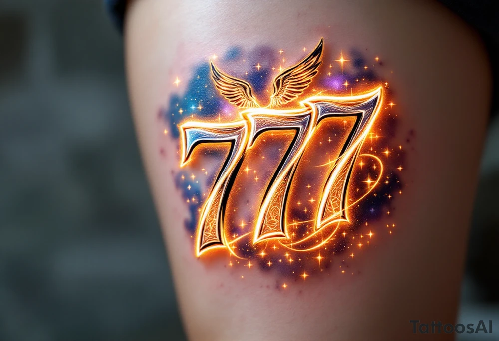A bold, glowing "777" in a sleek, modern font, radiating with gold and silver light. The numbers are surrounded by celestial elements like tiny twinkling stars, a faint halo, and soft angelic wings, symbolizing divine guidance and good fortune. A subtle gradient of blue and purple hues in the background gives it a mystical aura, while thin golden filigree wraps around the numbers, adding an elegant and timeless touch. This tattoo embodies luck, spiritual awakening, and universal alignment, making it a powerful symbol of destiny and fortune. tattoo idea