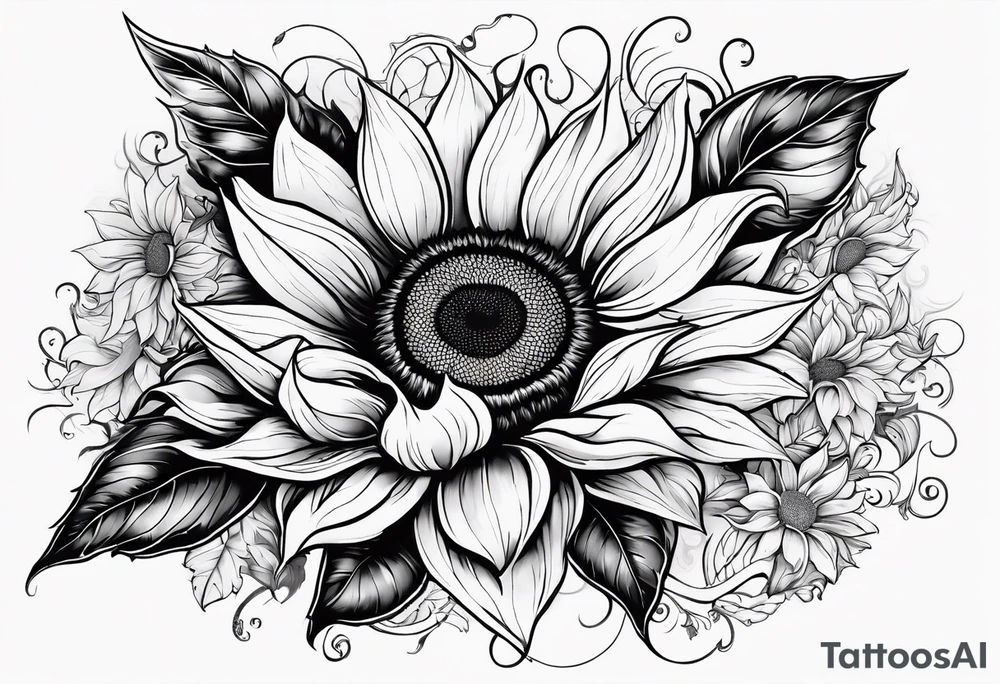 Sunflower with the names Carina, Cassandra, Roman and Charisma tattoo idea