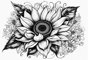 Sunflower with the names Carina, Cassandra, Roman and Charisma tattoo idea