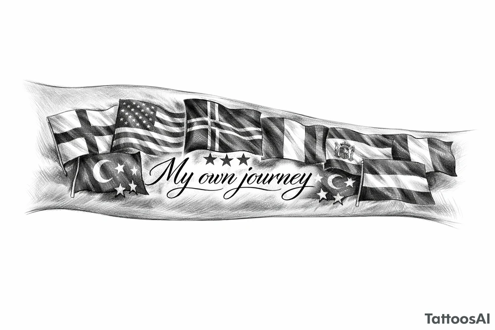 Football related my own journey England USA Iceland Italy Spain Turkey France Hungary flags inside forearm can u put 3 stars under iceland , 2 under turkey and italy
And quote in middle tattoo idea