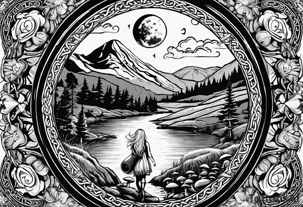 Whole picture encircled fully

Straight long blonde hair celestial girl in distance holding mushrooms in hand facing away toward mountains and creek surrounded by mushrooms long sleeve shirt and hiking pants; whole rendering within a full celtic circle border, no cut off circle tattoo idea