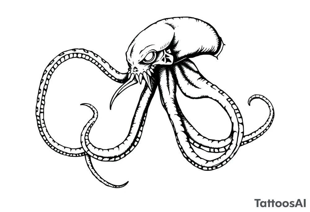 A minimalist blackwork tattoo design of an evil kraken The kraken is viewed from a 45-degree angle facing left, with its head centered. The tentacles extend only to the left and right, with none going downward beneath the head. the tentacles are quite long reaching to the left and right. The style is clean, fine-line detailing with bold outlines, avoiding heavy shading. The tentacles should be fluid, aggressive, and striking, enhancing the menacing and eerie look of the kraken while maintaining a cohesive design for a tattoo sleeve. make the tentacles very long, they need to be 3 times a slong as the head. Take the kraken from pirates of the caribeen as reference for its design. tattoo idea