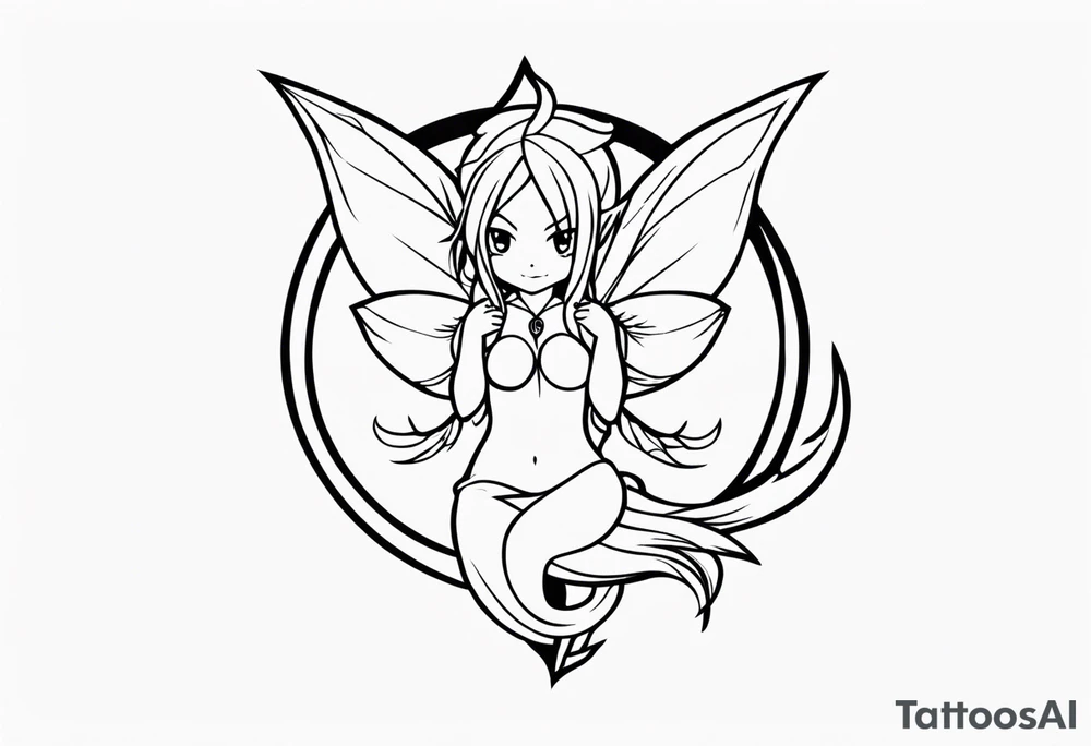 A fairy with a tail inspired by the logo of the show called Fairy Tail in a fetal position tattoo idea