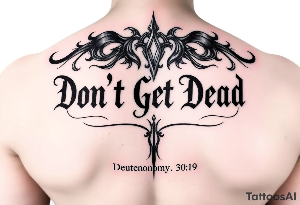 I want a cool design that includes the words “Don’t Get Dead” and includes the scripture reference Deuteronomy 30:19. tattoo idea