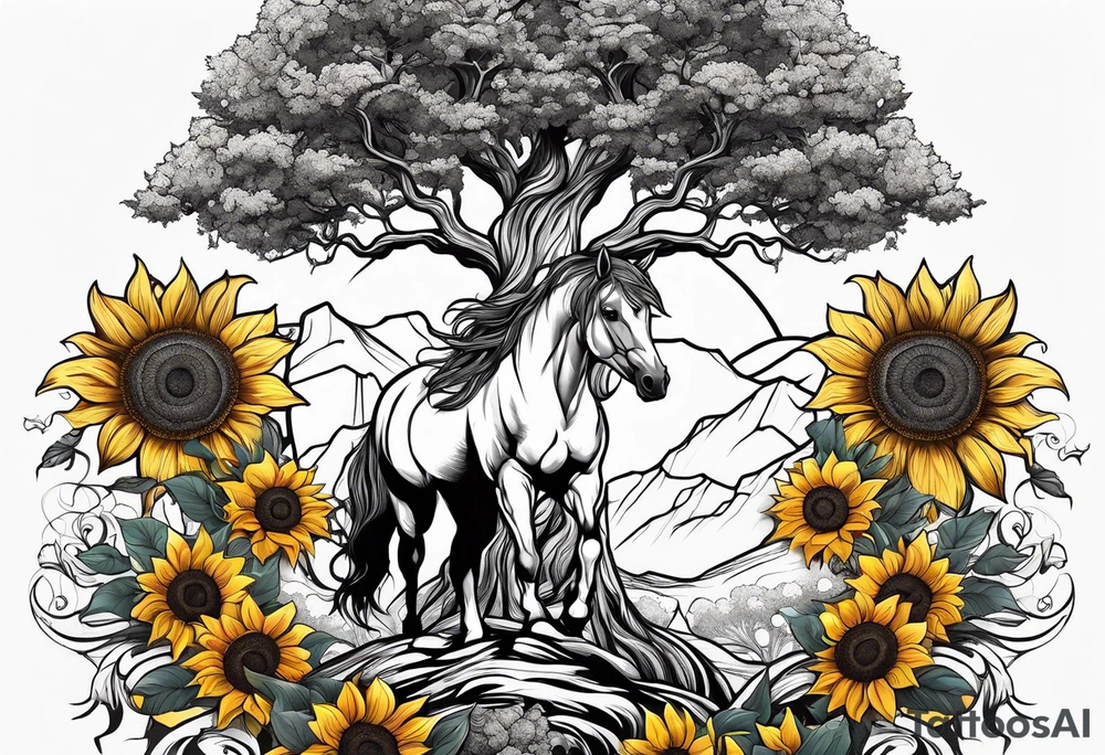 Yggdrasil tree, horse in front of it, and sunflowers tattoo idea