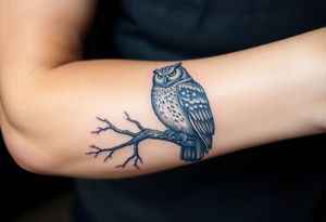 wise owl perched on ancient oak branch under starlit sky tattoo idea