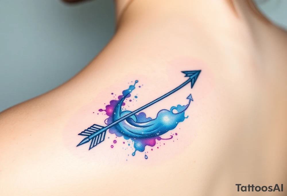 A Sagittarius arrow wrapped in a swirling galaxy, featuring shades of blue, violet, and sparkling silver highlight tattoo idea