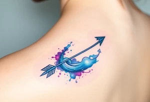 A Sagittarius arrow wrapped in a swirling galaxy, featuring shades of blue, violet, and sparkling silver highlight tattoo idea