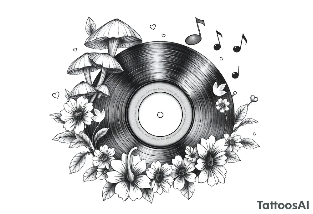 vinyl record with mushrooms, flowers, hearts, and music notes tattoo idea