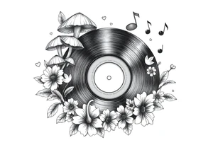 vinyl record with mushrooms, flowers, hearts, and music notes tattoo idea