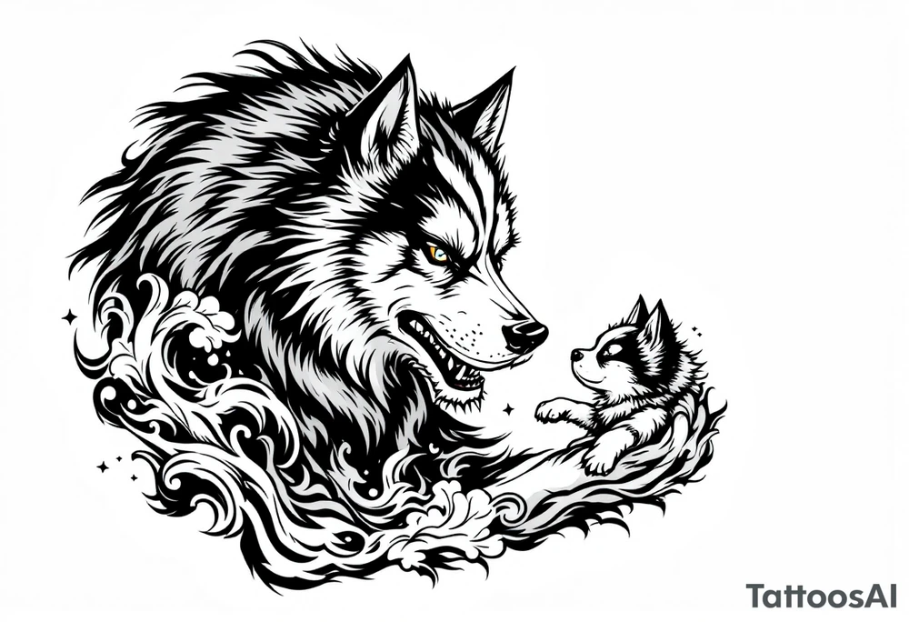 Japanese Fô dog with baby Fô dog under her paw with wind elements around tattoo idea