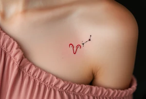 A fine-line Aries tattoo uses minimalist black ink with a pop of red for the zodiac sign beside the star constellation. tattoo idea
