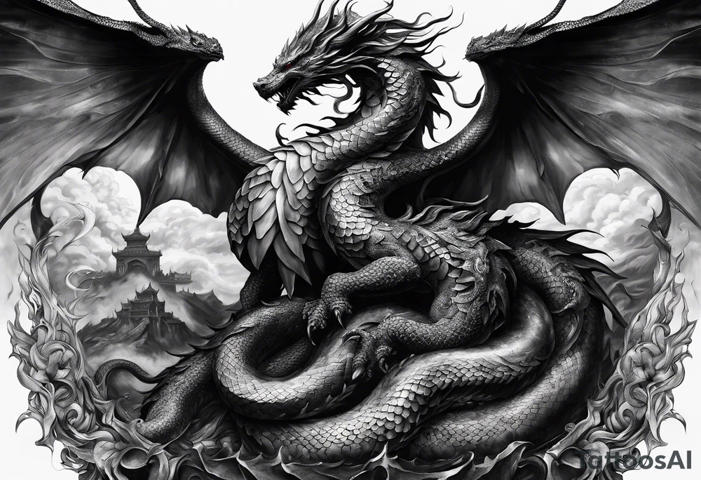 Full back piece depicting the war between angels above killing a demonic snake dragon below tattoo idea