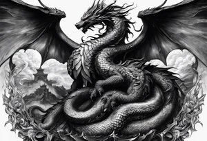 Full back piece depicting the war between angels above killing a demonic snake dragon below tattoo idea