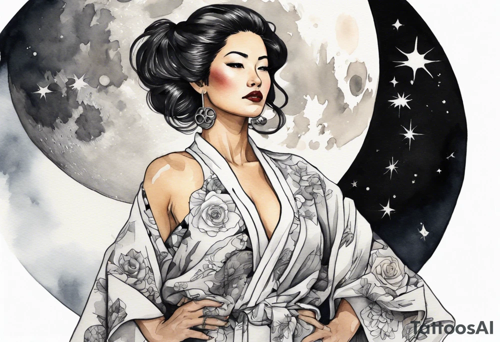 a watercolor of a beautiful 40-year-old latina woman wearing black and white robes standing on the moon tattoo idea
