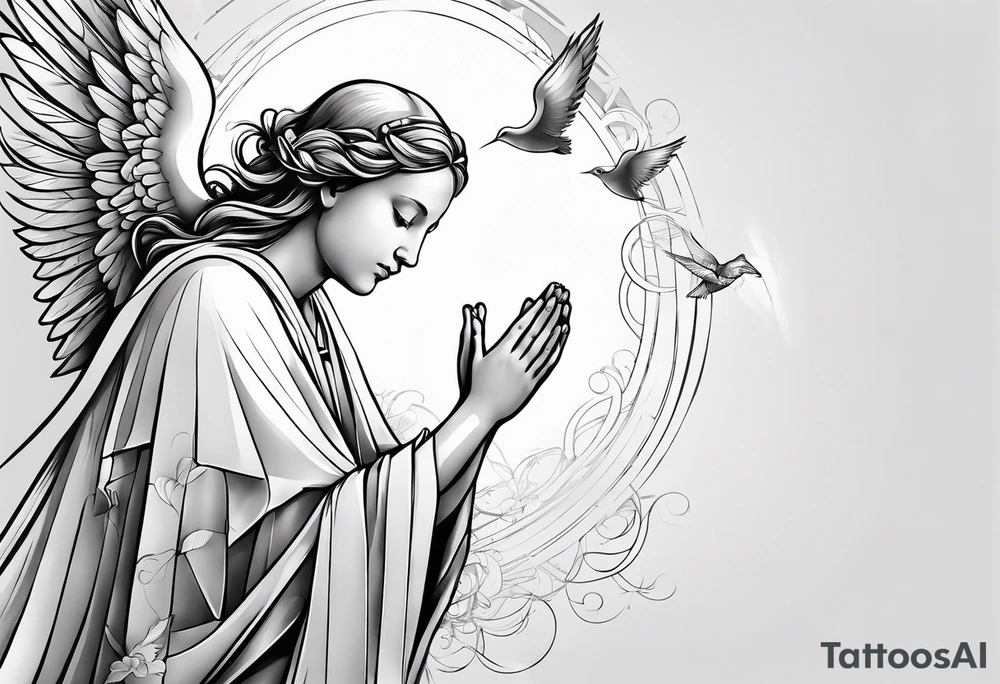 Angel baby praying hands birds flying Jesus cross tattoo idea