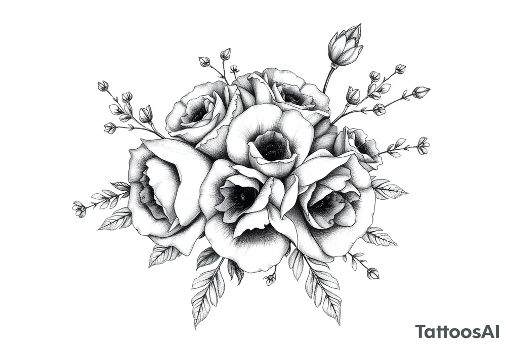vintage bouquet of wild roses and meadow flowers with morning dew tattoo idea