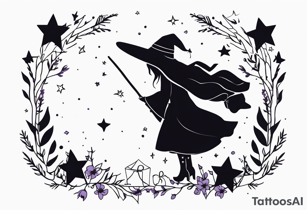 Witch, simple, fantasy, stars, Harry Potter, lavender, rosemary, poppy tattoo idea