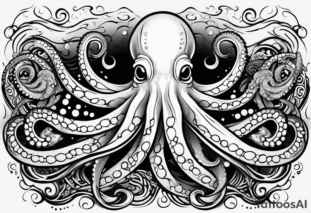 Tribal half sleeve. octopus surrounded by ribbons of water waves filled with fish. the octopus has no eyes. Use thick lines only with less detail. tattoo idea