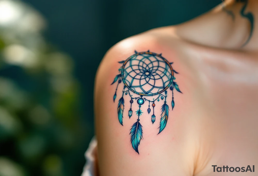 A turquoise dreamcatcher symbol with feathers and protective glyphs woven into the web tattoo idea