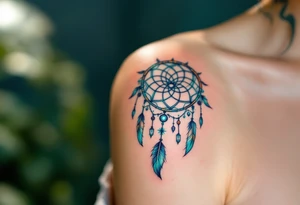 A turquoise dreamcatcher symbol with feathers and protective glyphs woven into the web tattoo idea