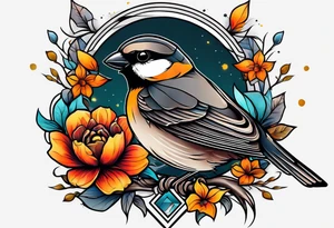 A dark sparrow tattoo with geometric shapes and flowers tattoo idea