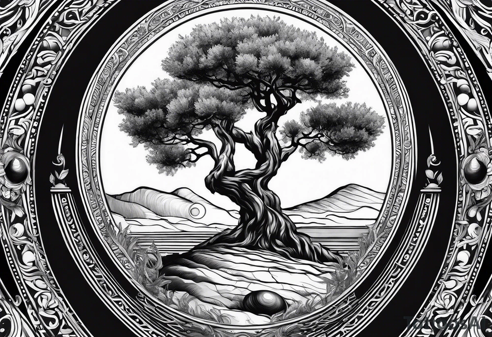 an olive tree and Saturn at its back tattoo idea