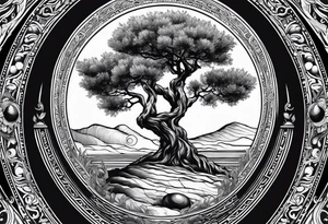 an olive tree and Saturn at its back tattoo idea