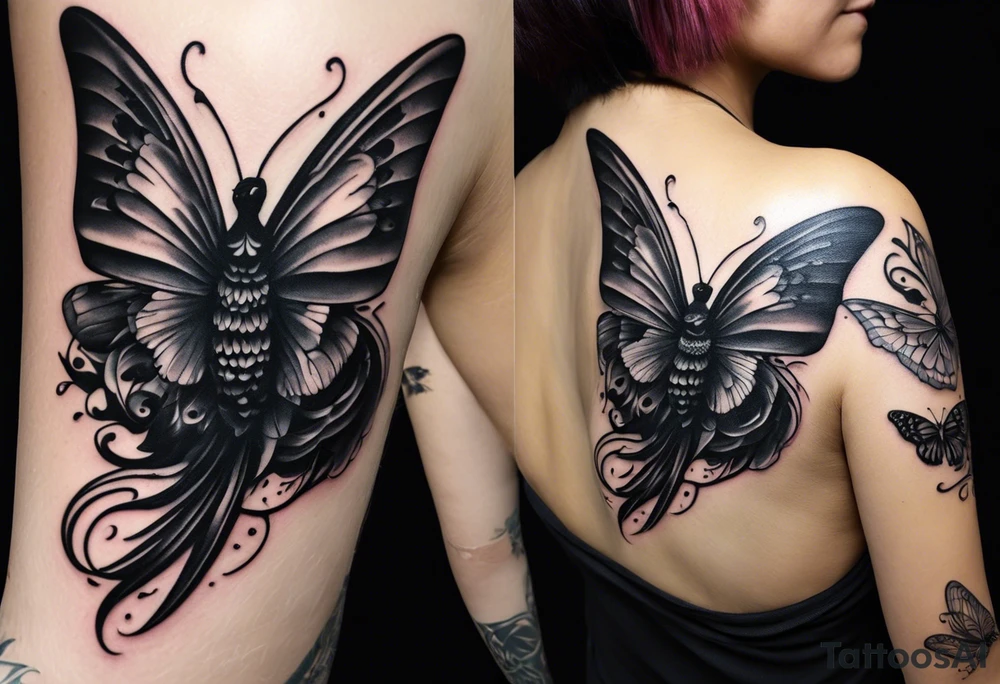 A black and white tattoo.
A butterfly flies. A raven flies. 
The animals fly around the name Malia.

In the background is the name Malia.
In the background is the name SKF.
The number 89 can be seen in the background.
There is also a scorpion in the wing of the butterfly.
This tattoo is black and white and on the arm. tattoo idea