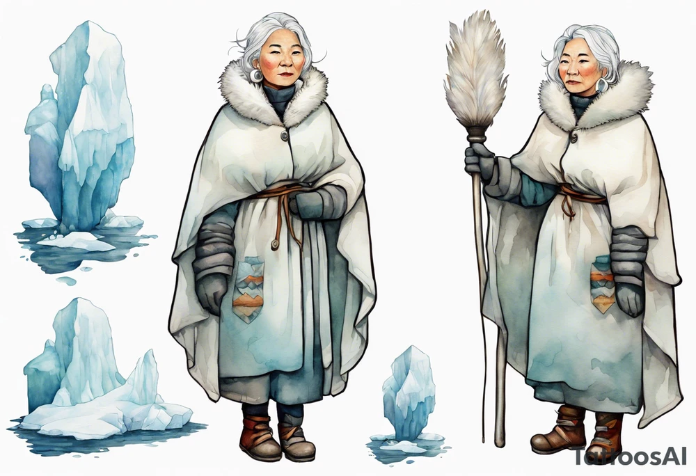 a middle aged Inuit woman with white hair, wearing mittens, mukluks, and a white cloak. Holding a white staff. Standing on an iceberg alone tattoo idea