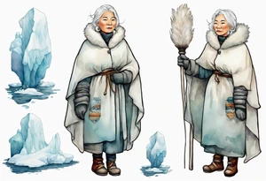 a middle aged Inuit woman with white hair, wearing mittens, mukluks, and a white cloak. Holding a white staff. Standing on an iceberg alone tattoo idea