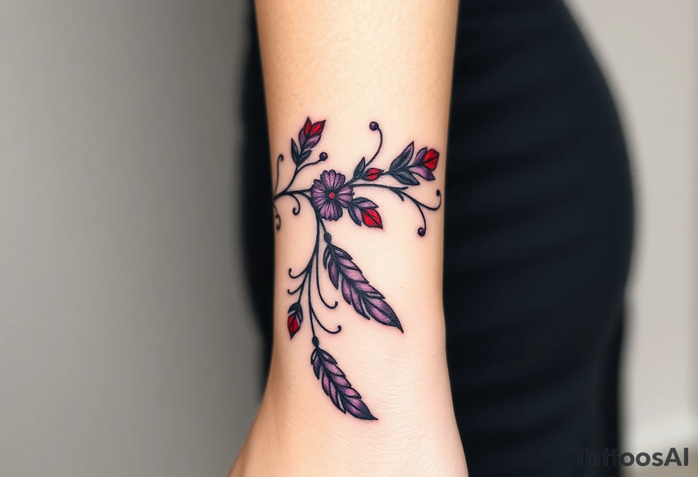 Bracelet with vines and feathers
Purple, red and black with a jewelry like finish tattoo idea