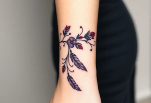 Bracelet with vines and feathers
Purple, red and black with a jewelry like finish tattoo idea
