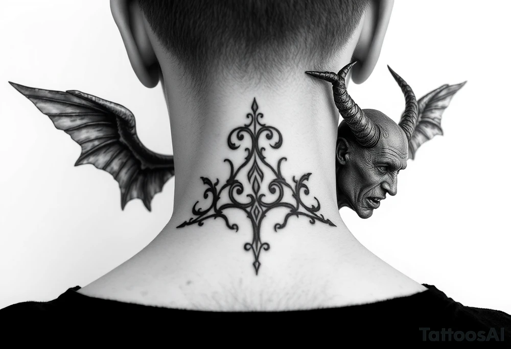 position behind the neck Angel (on the right) whispering in the right ear, demon (on the left) whispering in the left ear. It must be as realistic as possible. tattoo idea