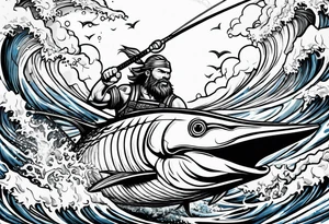 viking superhero catching a blue marlin with tuna jumping tattoo idea