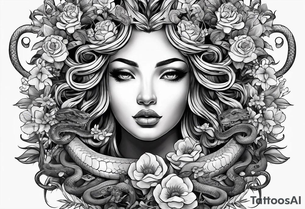 Medusa head with snakes and flowers in hair. tattoo idea