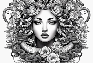 Medusa head with snakes and flowers in hair. tattoo idea