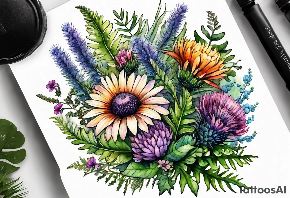 small vertical mixed wildflower bouquet with ferns, thistle and with watercolor tattoo idea