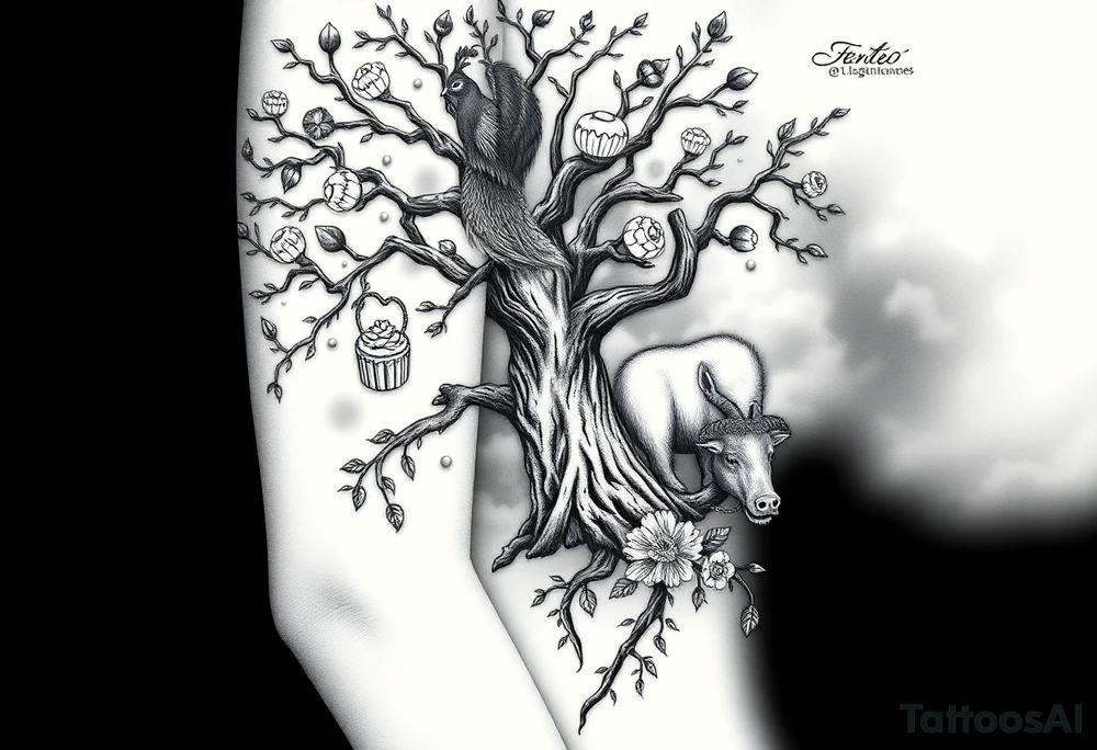 mystical tree  with cosmic  branches fat naked sexy woman , peacock , pig , cupcakes, liquor, cigerette, Storm clouds, pig, peacock , fat sexy naked fat woman, cupcakes, noose , money, goat lion, man sex toys pussy dicks, cigerette storm lightening, killing, darkness death, violent majestic creatures and tattoo idea