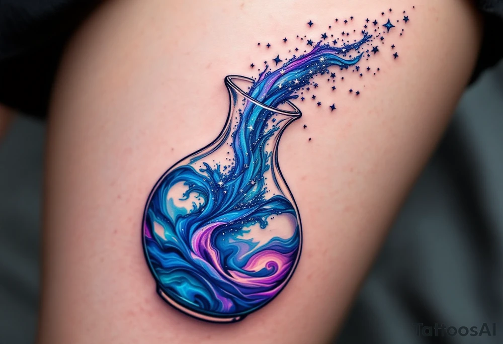 A glass jug filled with a swirling water, with vibrant blues, purples, and silver stardust pouring out like cosmic energy. tattoo idea