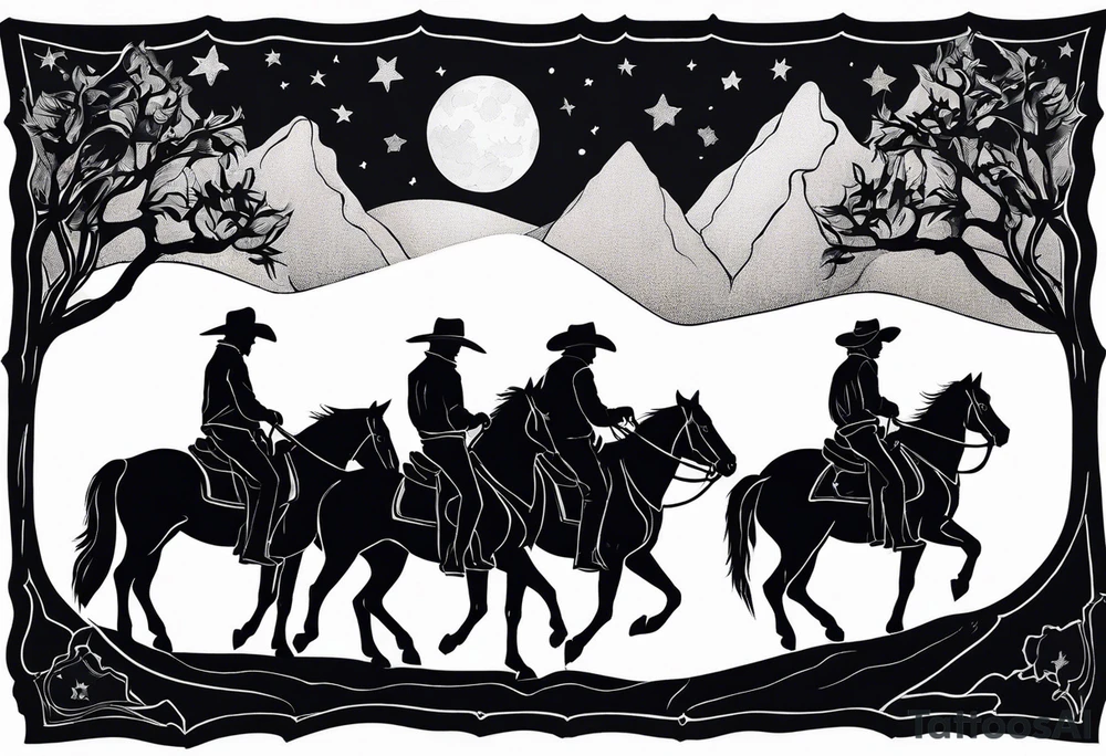 Four cowboys on horses in the moonlight on a dusty trail tattoo idea