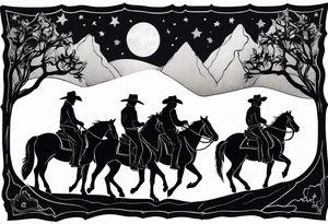 Four cowboys on horses in the moonlight on a dusty trail tattoo idea