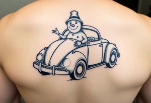 Snowman in a hot rod vw beetle tattoo idea