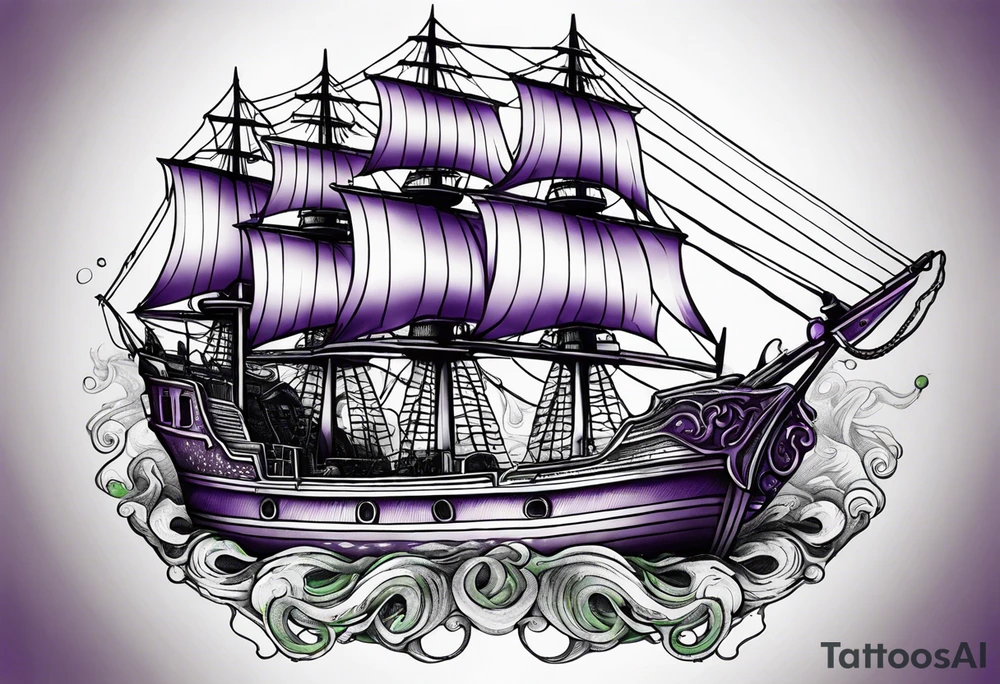 Purple and green kraken breaking ship tattoo idea