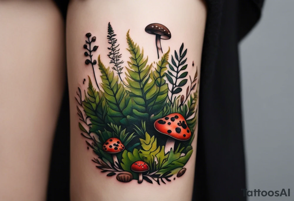 minimalistic forest floor inspired tattoo, which includes grass, moss, curly ferns and dead leaves as the bulk of the tattoo. details to include: forest berries, couple of very small brown mushrooms, a tiny bumblebee flying nearby tattoo idea