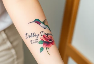 A tattoo on the forearm with the name Debby Deguzman with a humming bird and a rose 08-17-1961 to 05-29-2025 tattoo idea