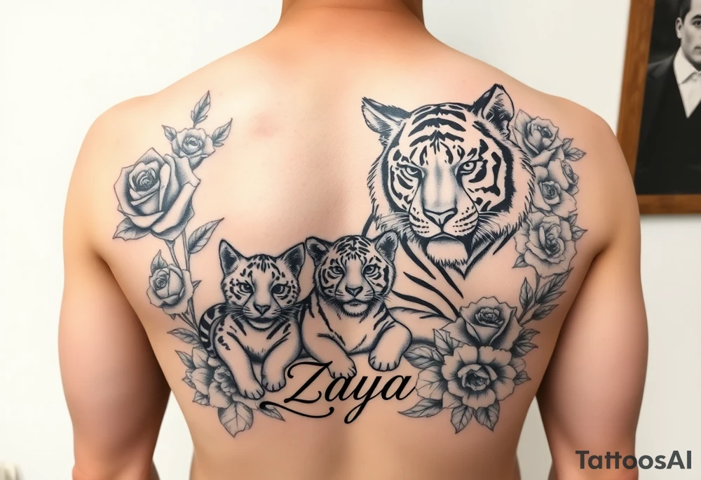 Beautiful, strong and fierce adult female tiger and her cub surrounded by roses and flowers with my daughters name “Zaya” tattoo idea